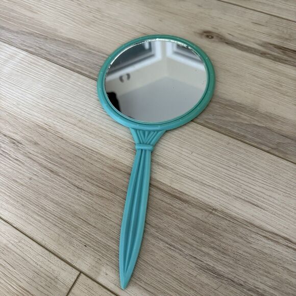 Vintage 1960s Bakelite Handheld 11" Blue Mirror w/blue Roses floral Design - Picture 2 of 4